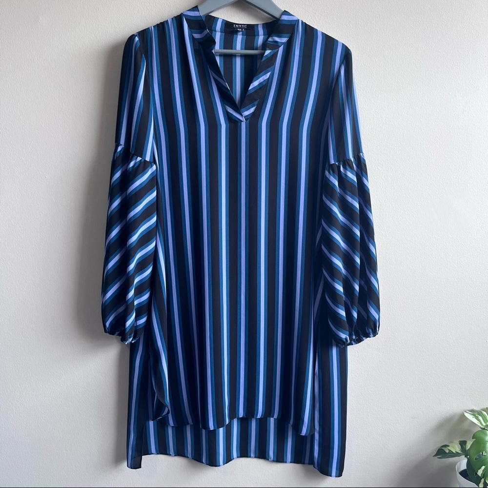 IMNYC Isaac Mizrahi striped black cyan tunic blouse size medium